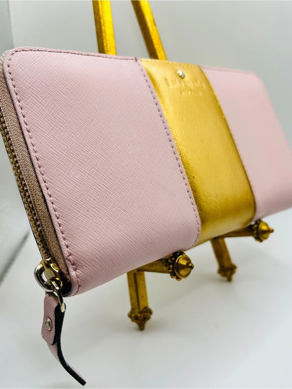Kate Spade Pink and Gold Zip-Around Saffiano Wallet Good Condition